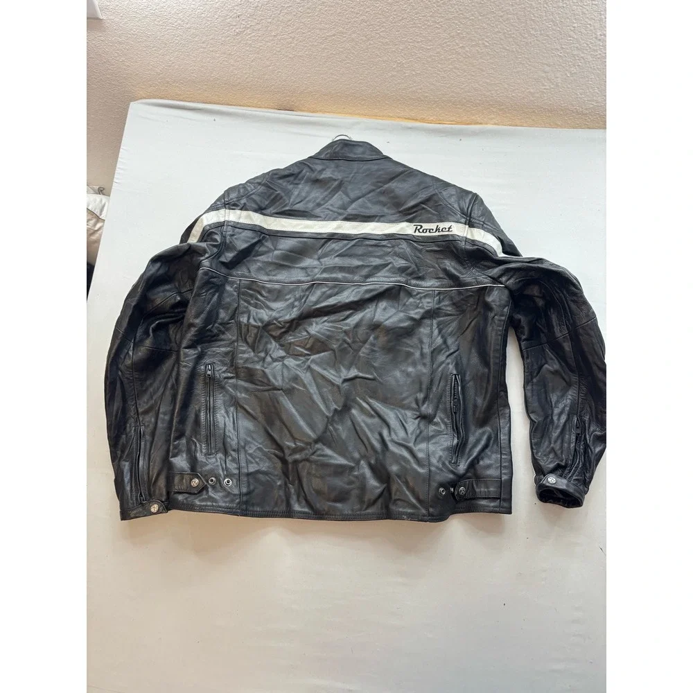 Joe Rocket Mens XXL Black Leather Motorcycle Jacket White Racing Stripe Padded